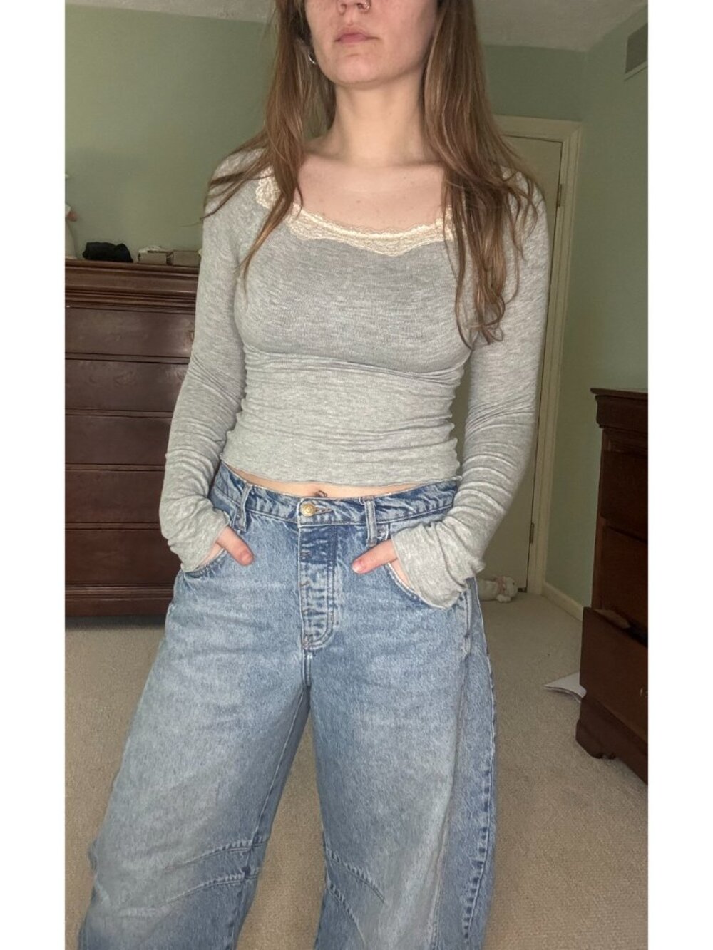 Free People Heather Gray Long Sleeve Lace Trim Top